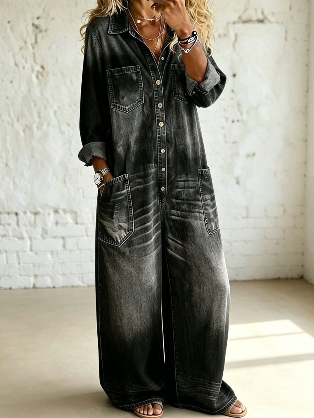 Black Casual Women's Long Sleeve Button Front Loose Wide Leg Denim Jumpsuit